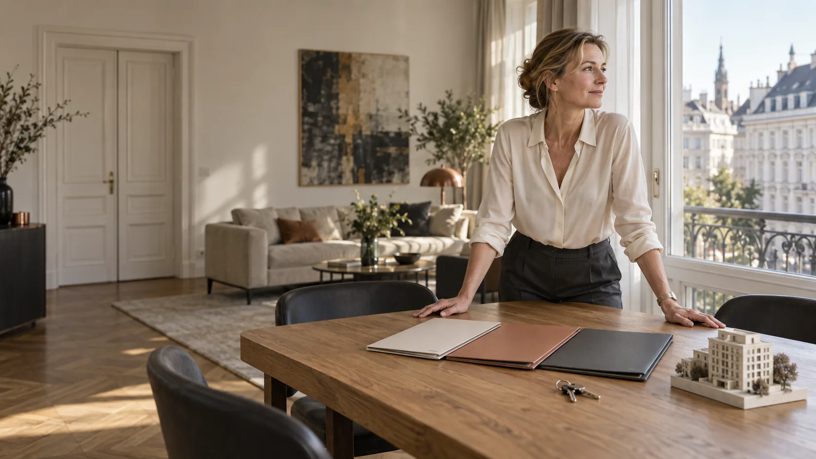 Frau in einer Stadtwohnung mit drei Immobilienmappen, Schlüsseln und Architekturmodell